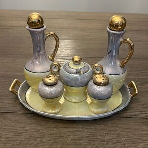 Vintage luster ware Japan condiment set on tray very good condition crown mark